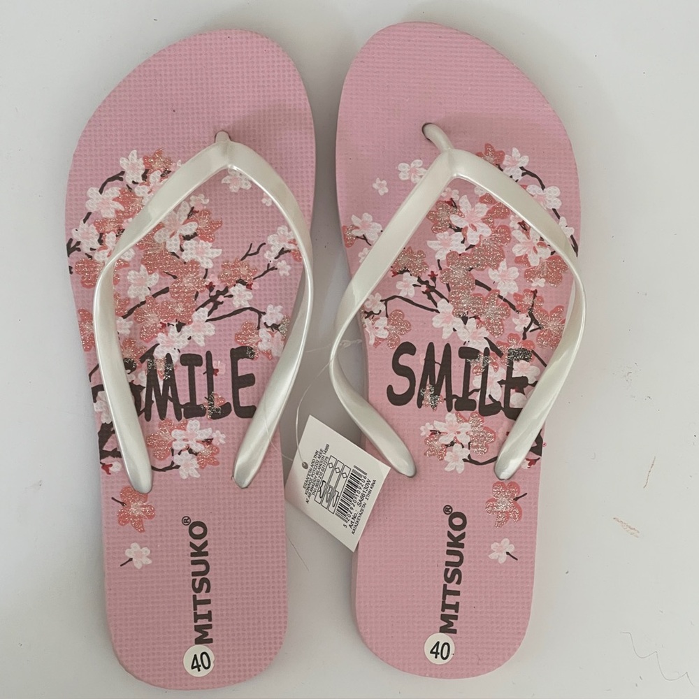 Mitsuko Pink Cherry Blossom Design Flip Flops